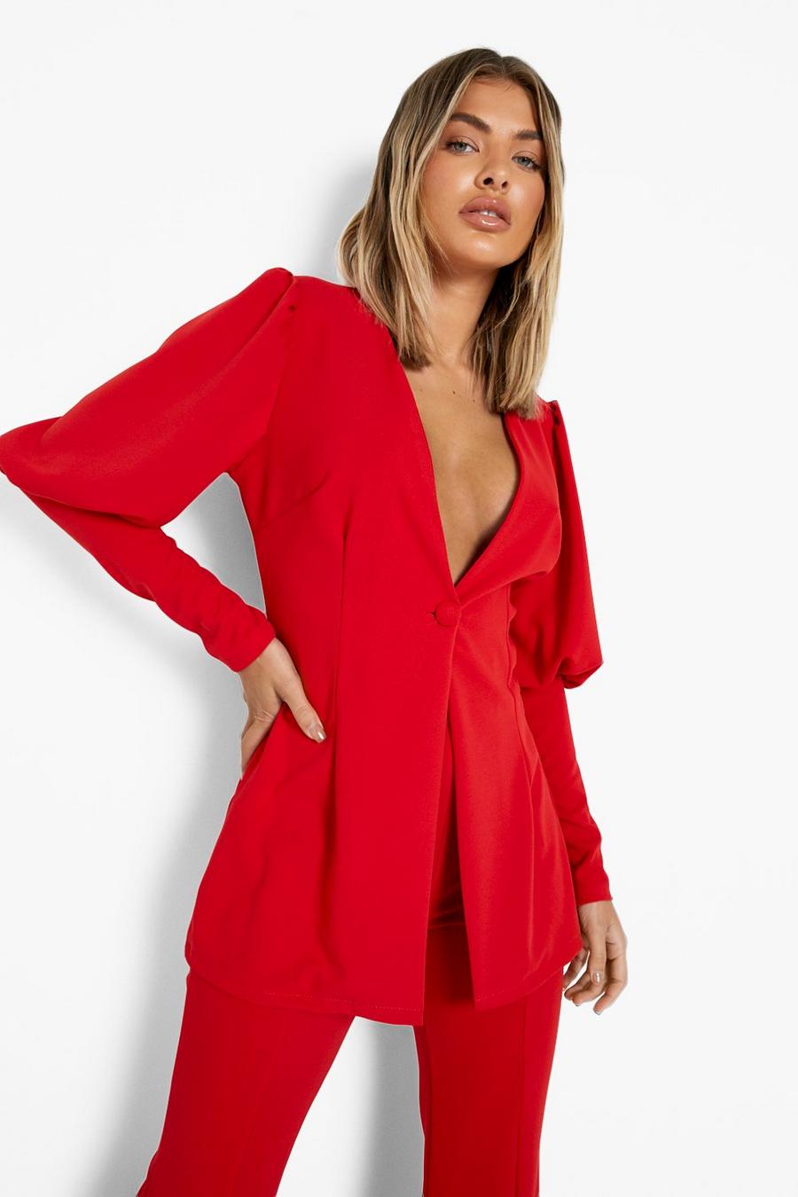Red Puff Sleeve Plunge Front Blazer image number 1