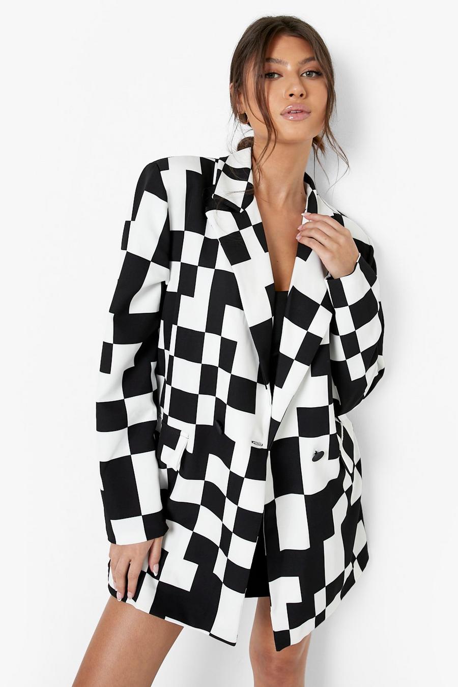 Black Checkerboard Print Oversized Blazer image number 1