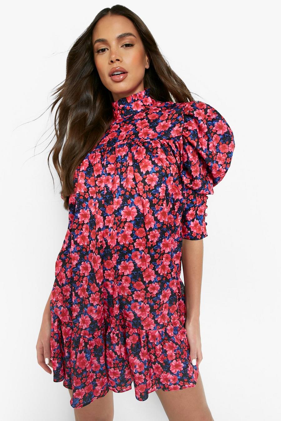 Black Floral High Neck Puff Sleeve Smock Dress image number 1