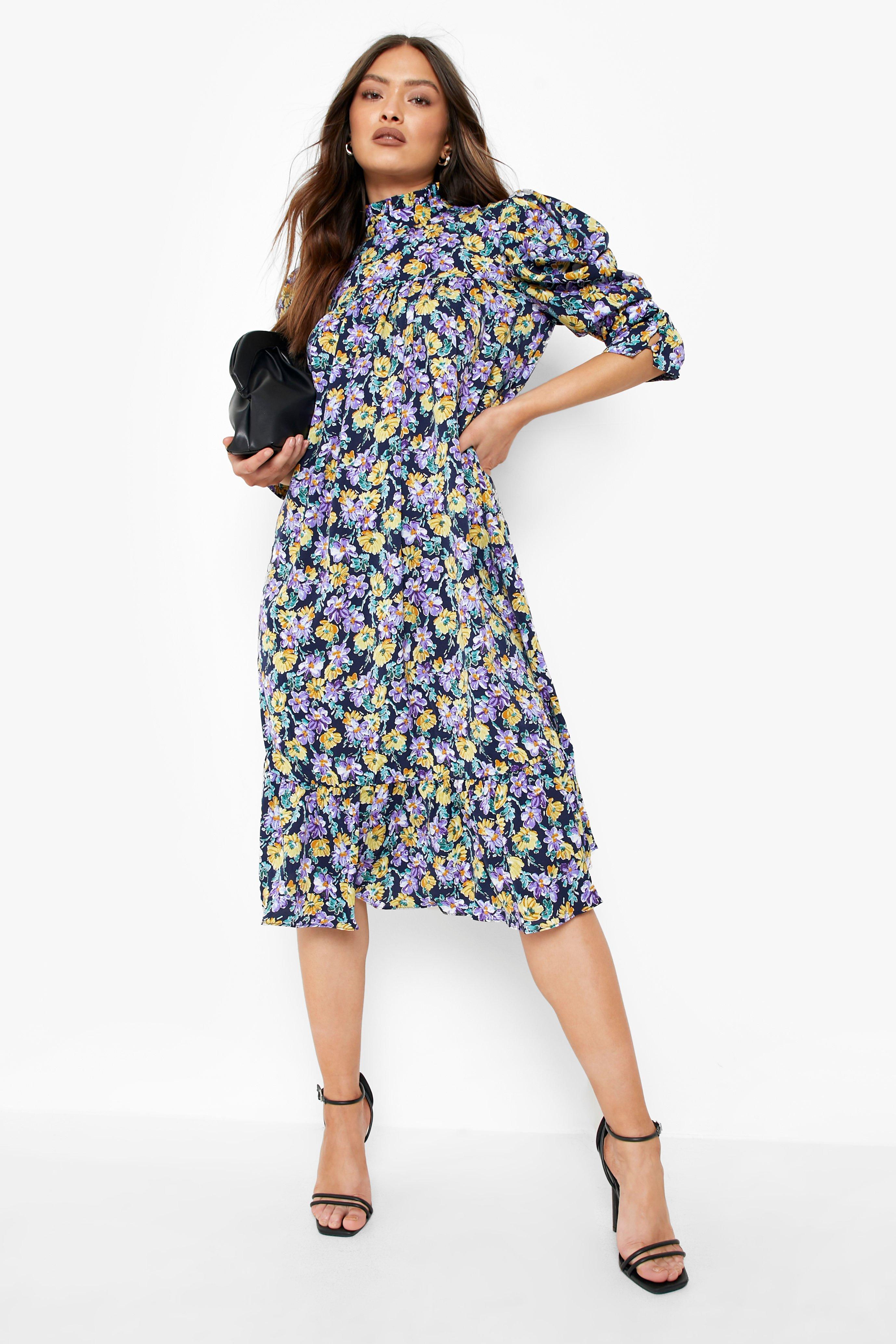 High neck outlet puff sleeve dress