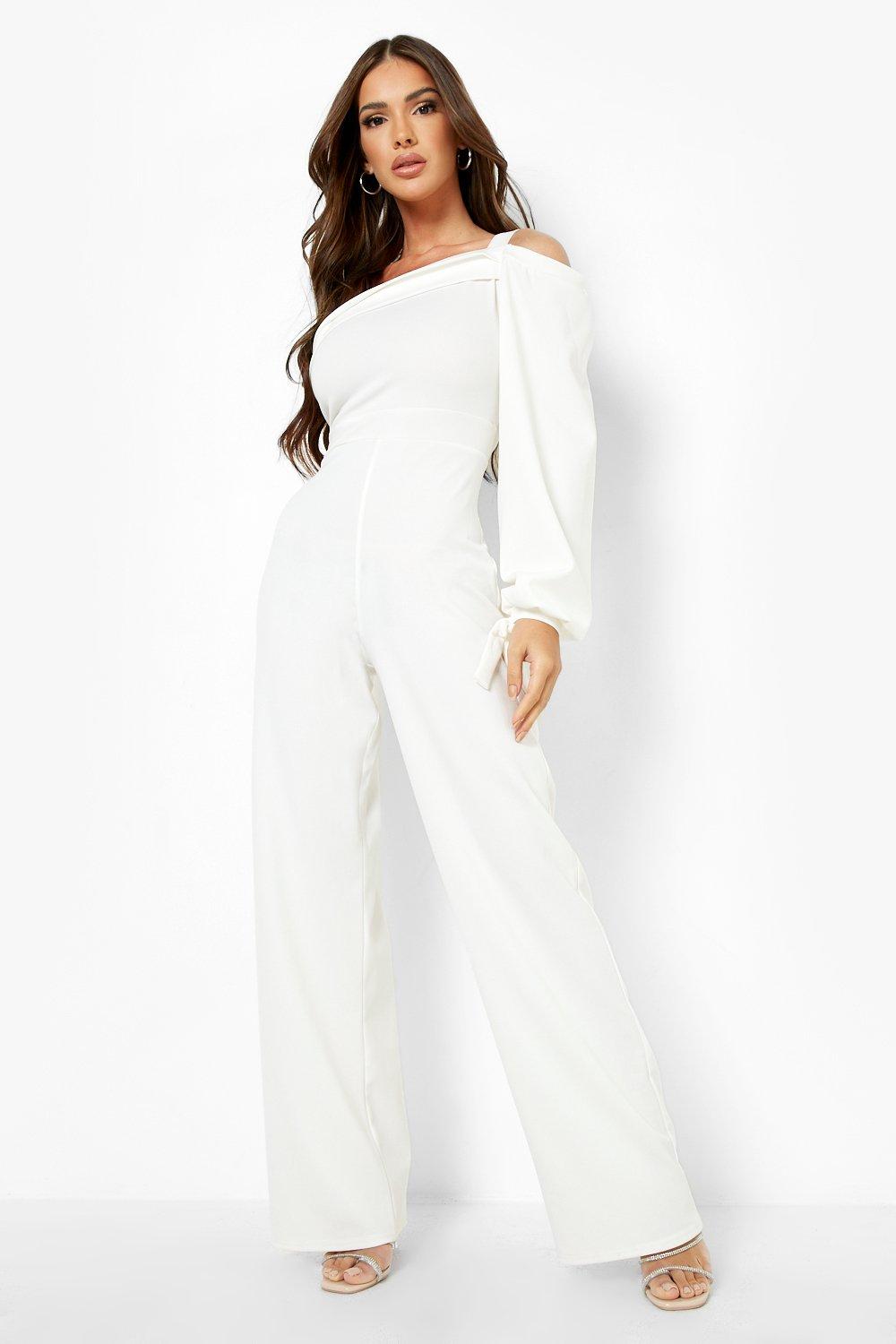 White cold hot sale shoulder jumpsuit