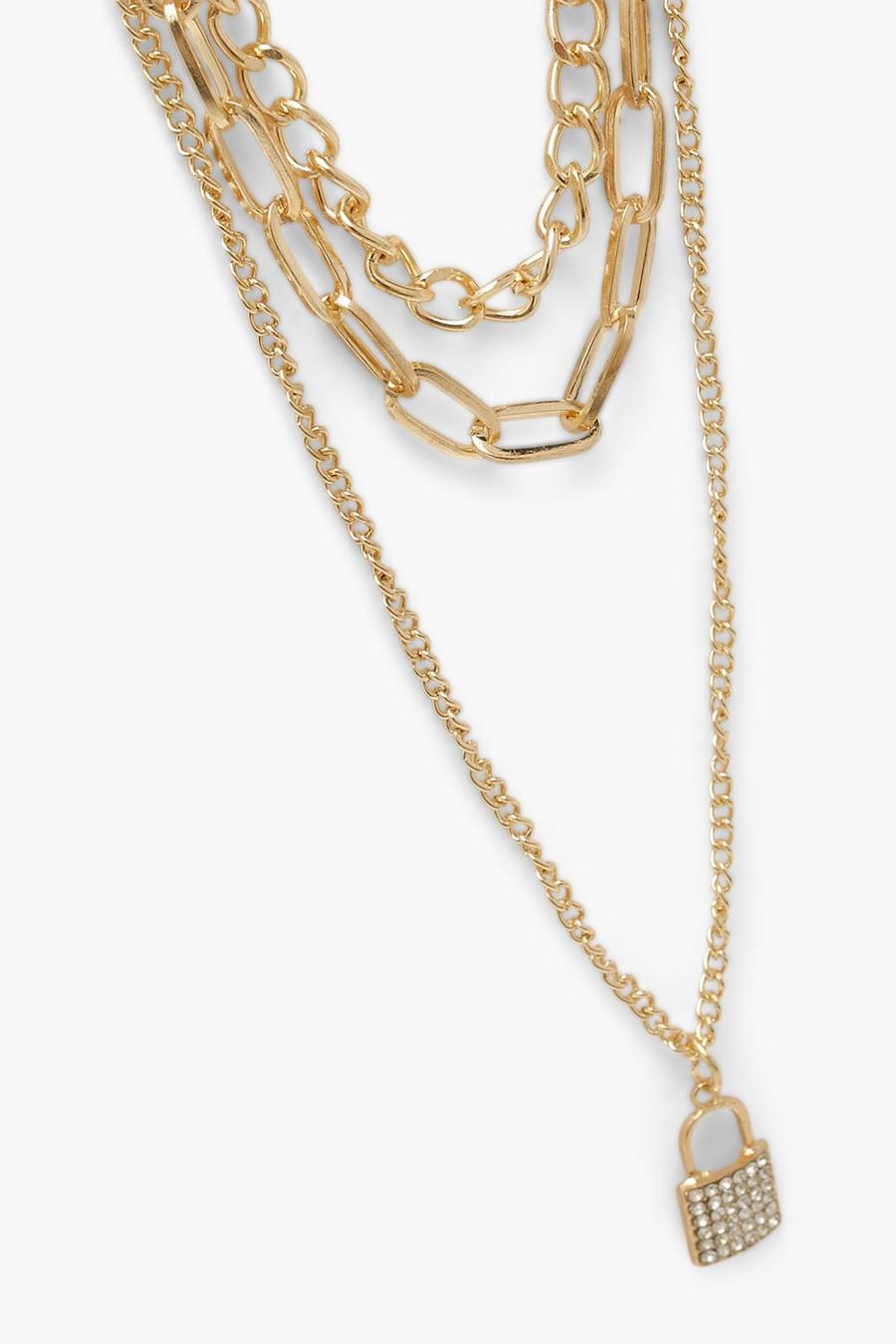 Gold Layered Necklace Rhinestone Padlock image number 1