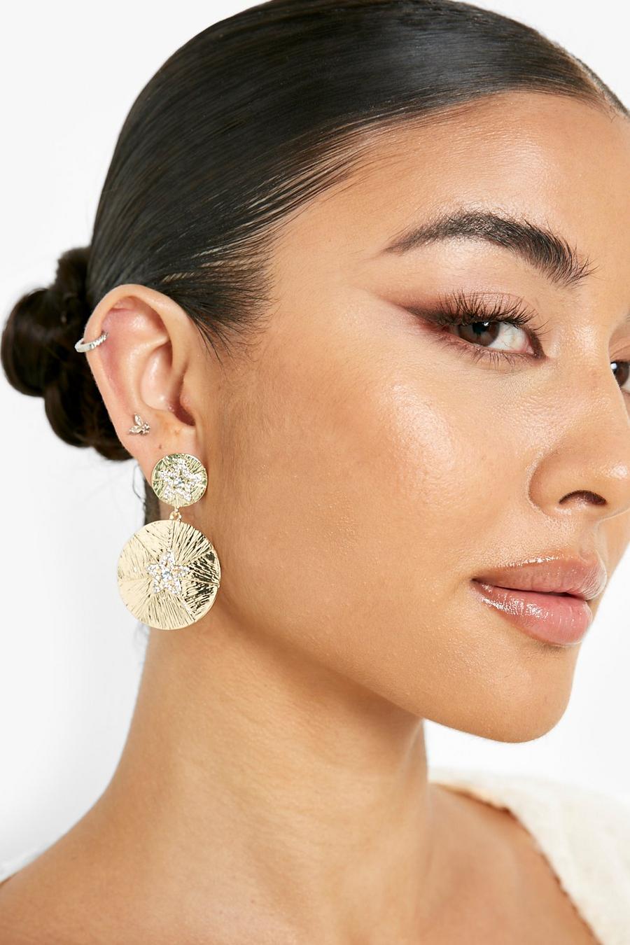 Gold Drop Circle Star Statement Earrings image number 1