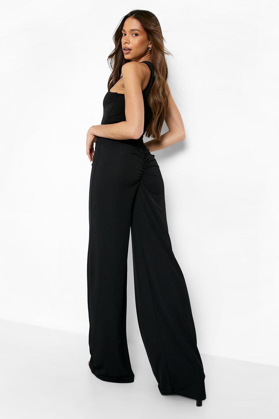 Black Recycled Rib Ruched Bum Wide Leg Pants image number 1