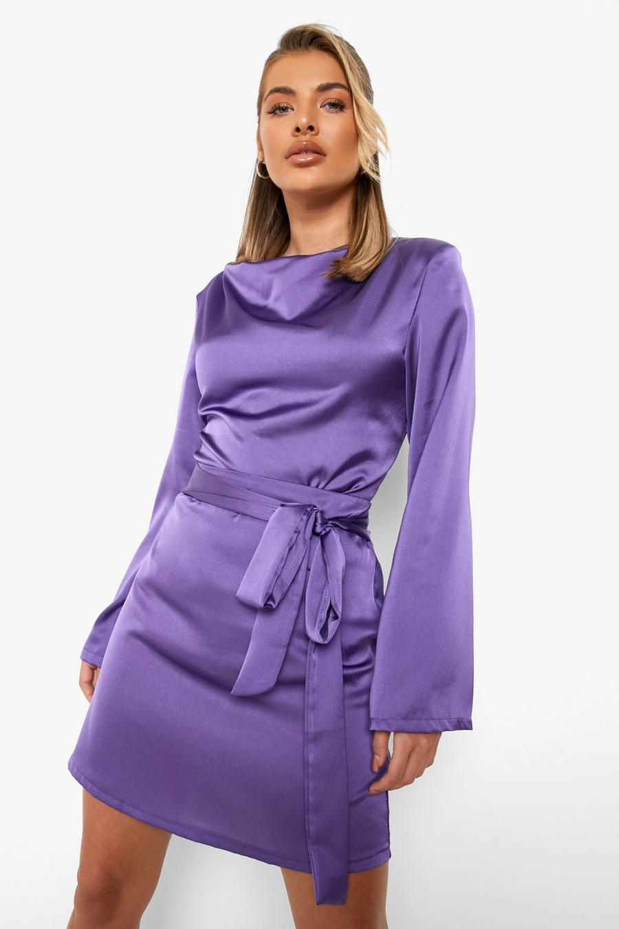 Lilac Satin Cowl Neck Blouse & Tie Waist Skirt image number 1