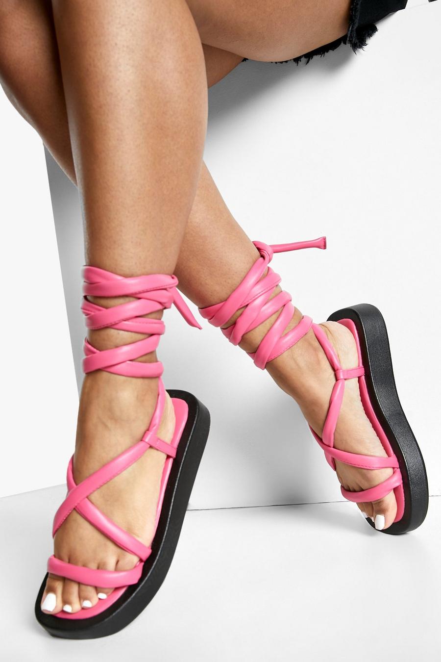 Sandali Flatform con laccetti spessi alle caviglie e zeppe, Pink image number 1