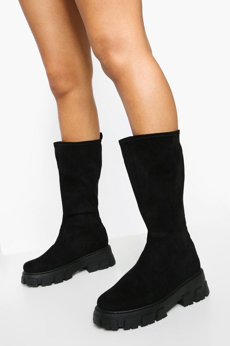 Black Wide Fit Chunky Sole Knee High Boots image number 1