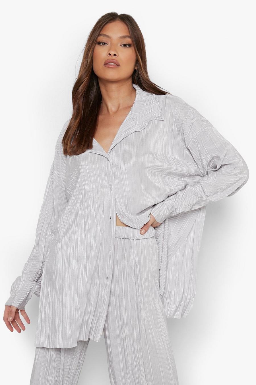 Grey Plisse Oversized Relaxed Fit Shirt image number 1