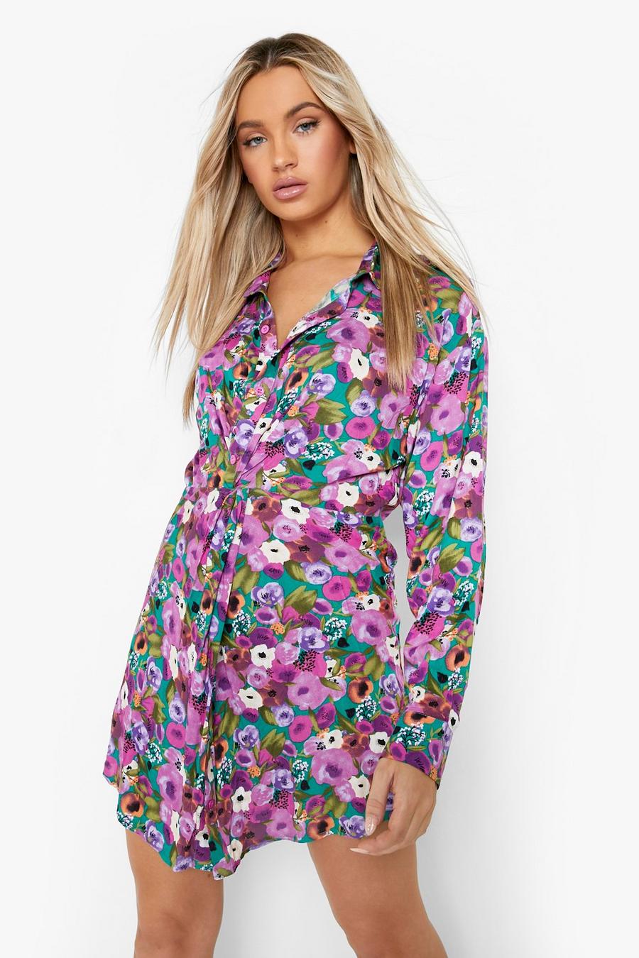 Florales Hemd-Kleid mit Twist, Purple
