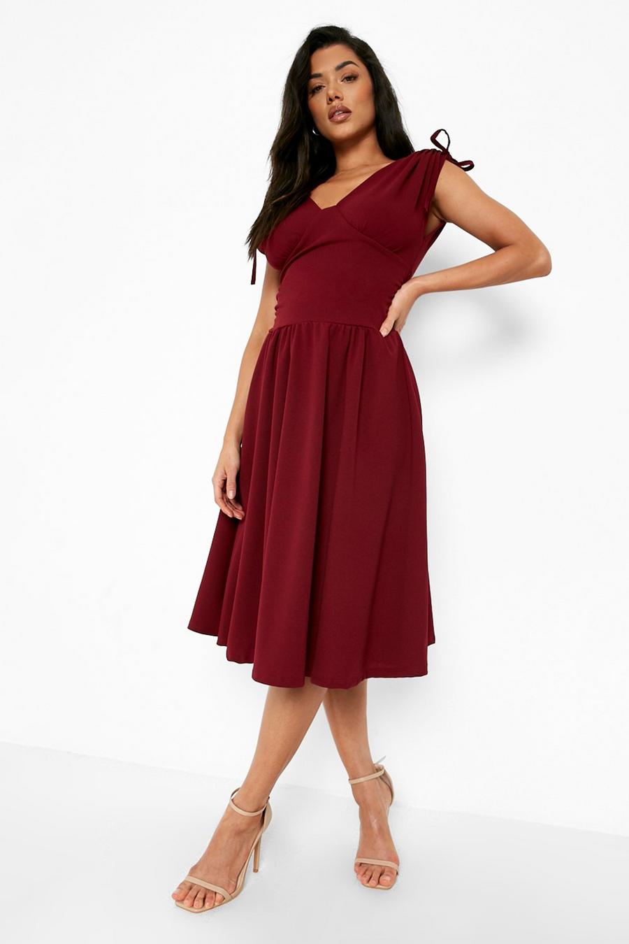 Berry Ruched Tie Sleeve Plunge Midi Skater Dress image number 1