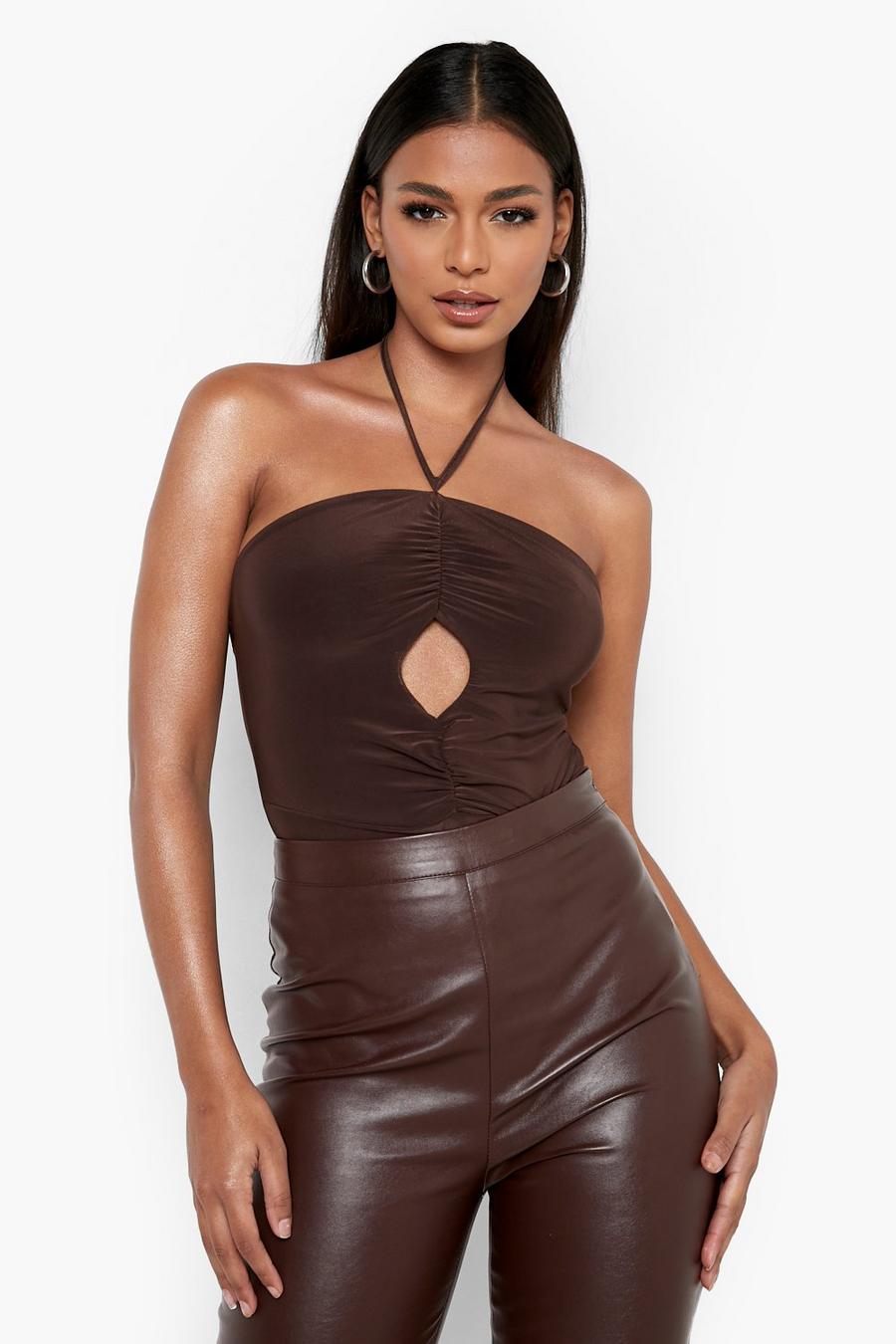 Chocolate Double Layer Ruched Halter Neck Bodysuit image number 1
