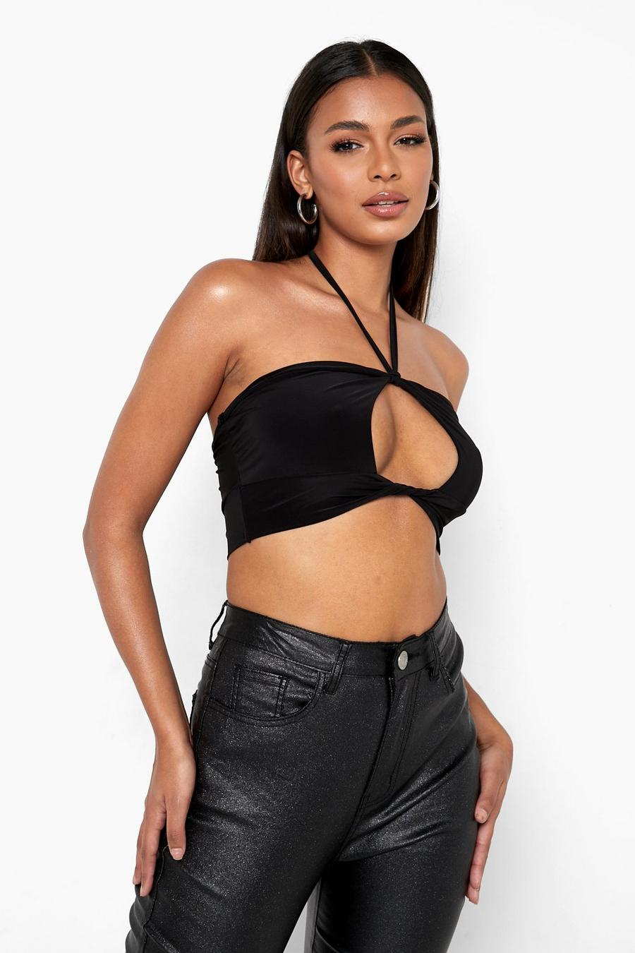Black Double Layer Cut Out Halter Neck Crop Top image number 1