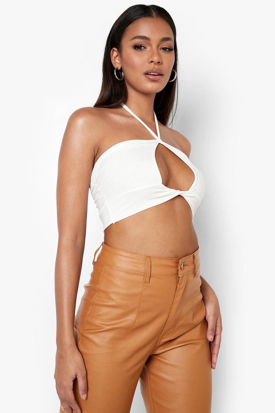 Ecru Double Layer Cut Out Halter Neck Crop Top image number 1