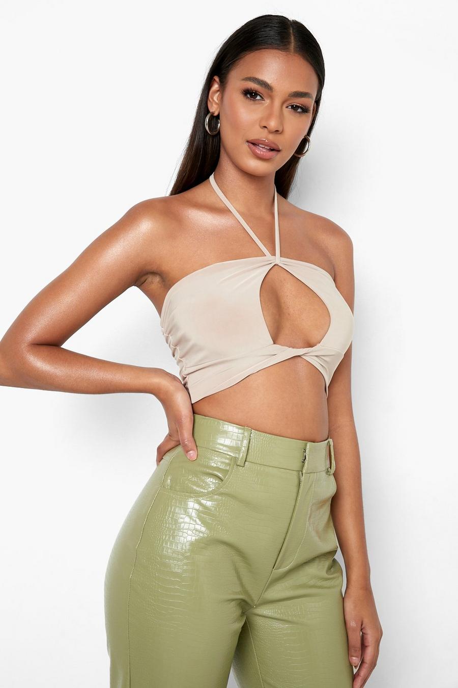 Stone Double Layer Cut Out Halter Neck Crop Top image number 1