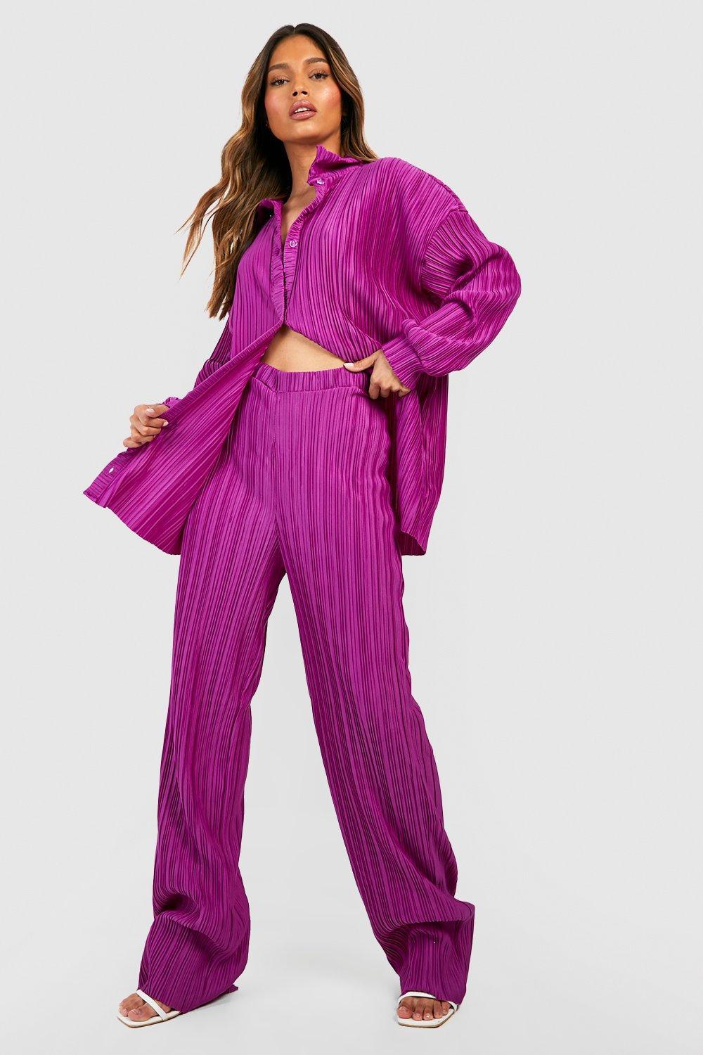 Purple Plisse Floor Sweeping Wide Leg Trousers