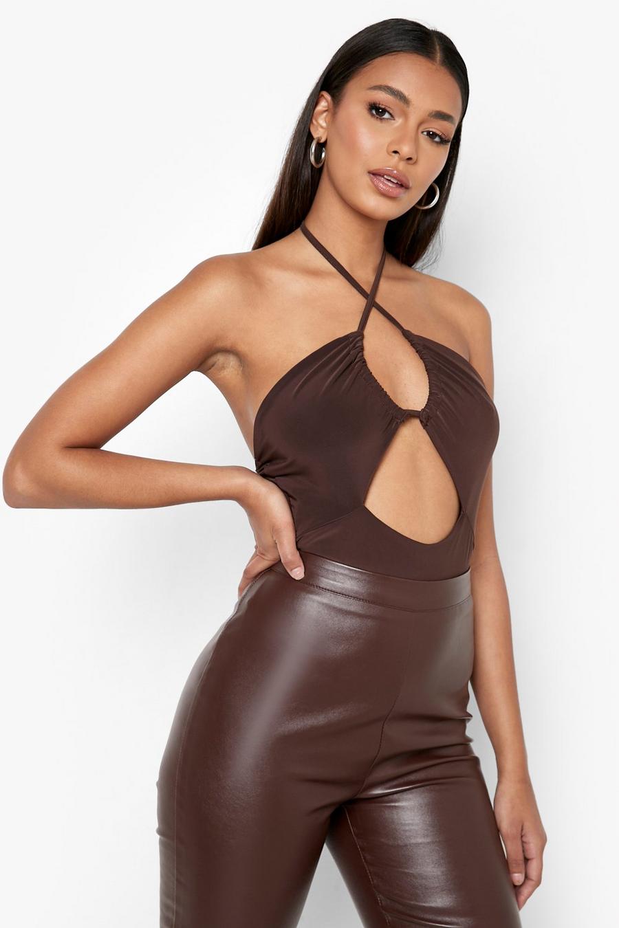 Chocolate Double Layer Halter Neck Cut Out Bodysuit image number 1