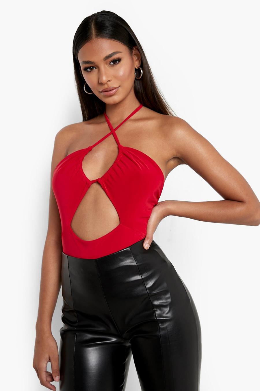 Red Double Layer Halter Neck Cut Out Bodysuit image number 1