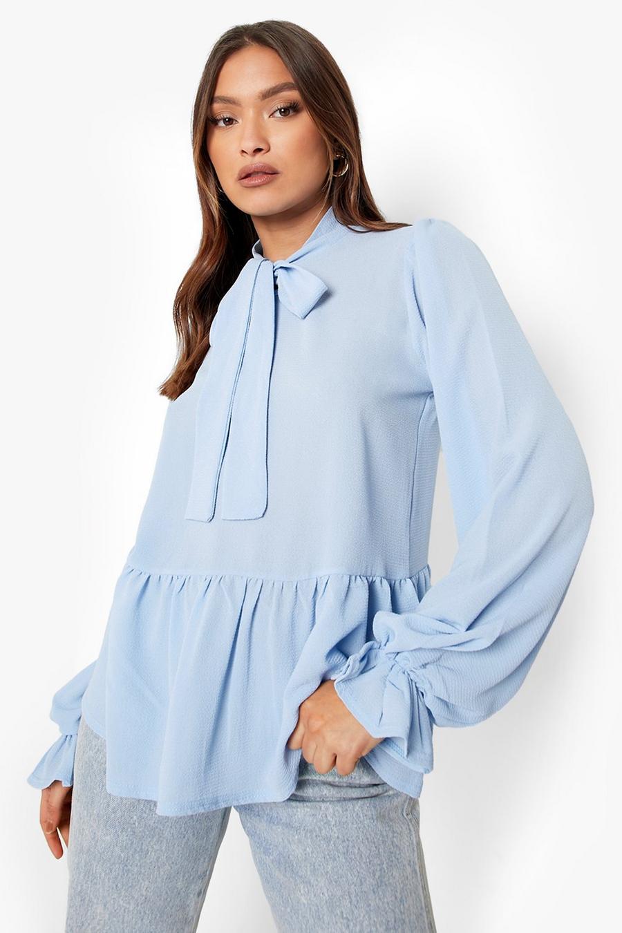 Light blue Woven Pussybow Blouse image number 1
