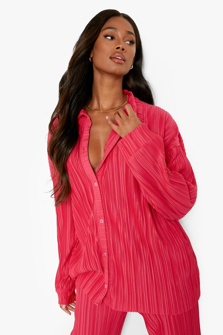 Hot pink Plisse Oversized Relaxed Fit Shirt image number 1