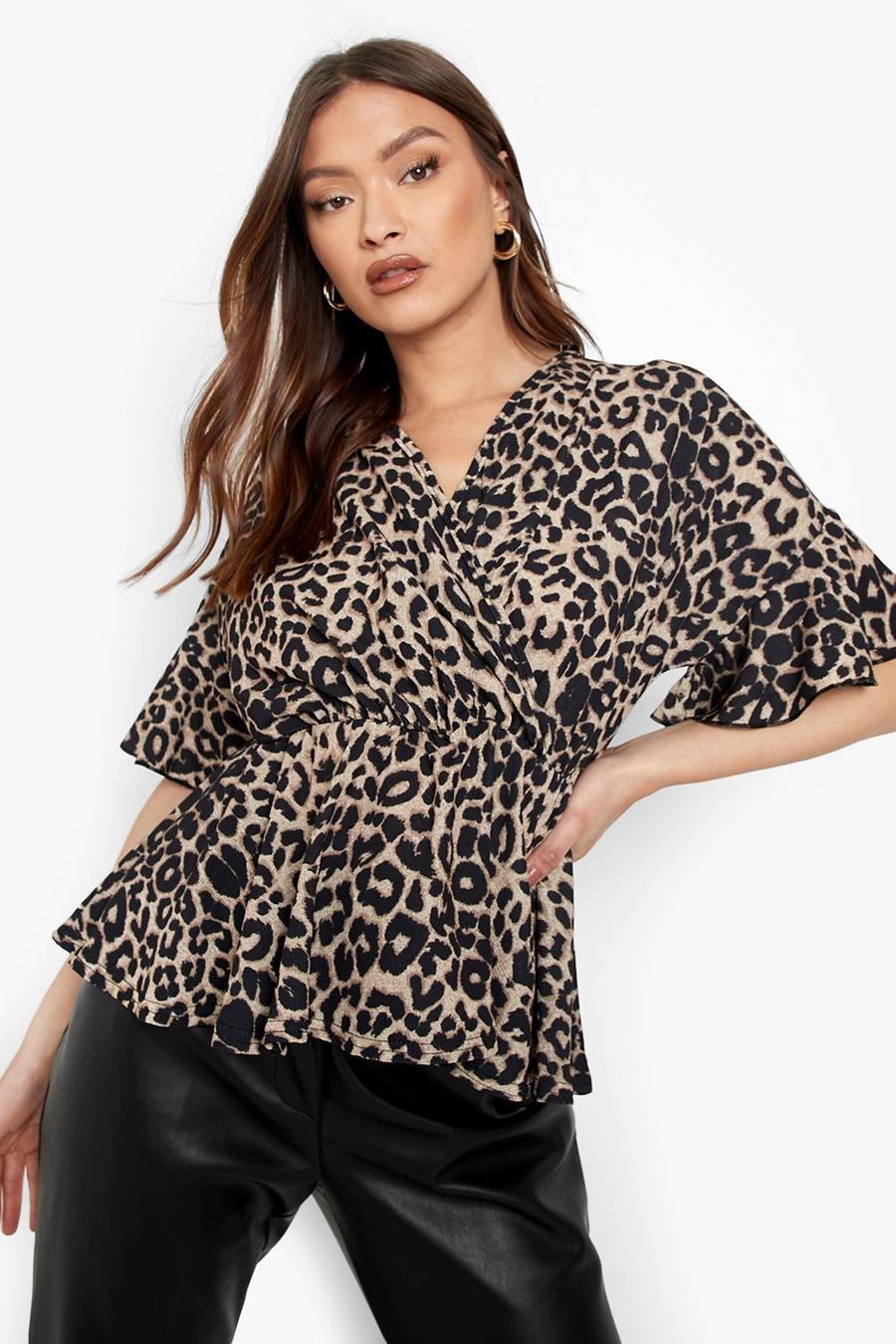 Black Woven Leopard Frill Sleeve Blouse image number 1