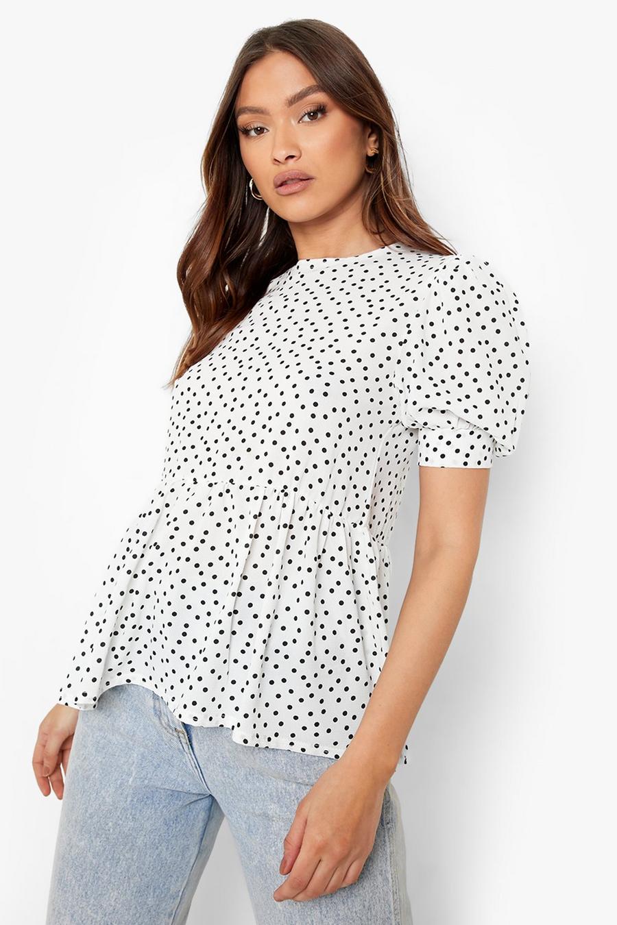 White Woven Puff Sleeve Polka Dot Blouse image number 1