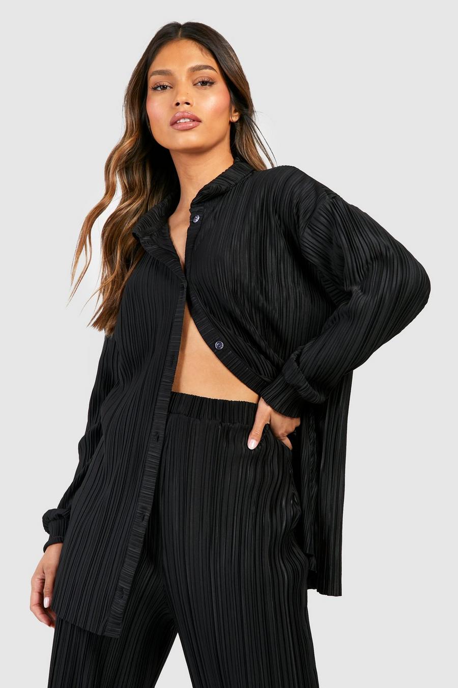 Black Plisse Oversized Relaxed Fit Shirt