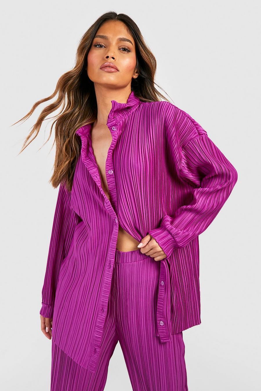 Purple Plisse Oversized Relaxed Fit Shirt image number 1