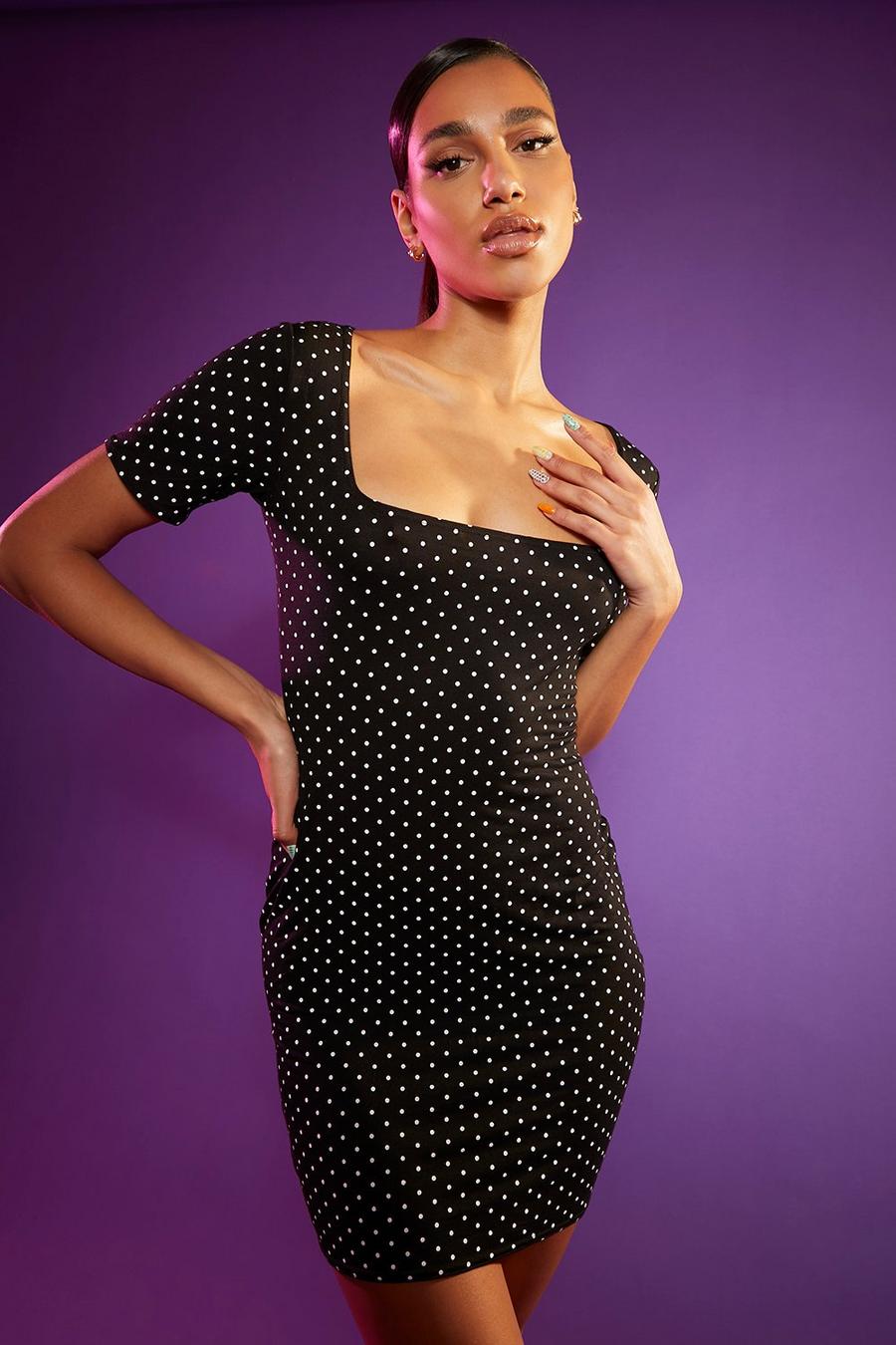 Black Polka Dot Square Neck Short Sleeve Mini Dress image number 1
