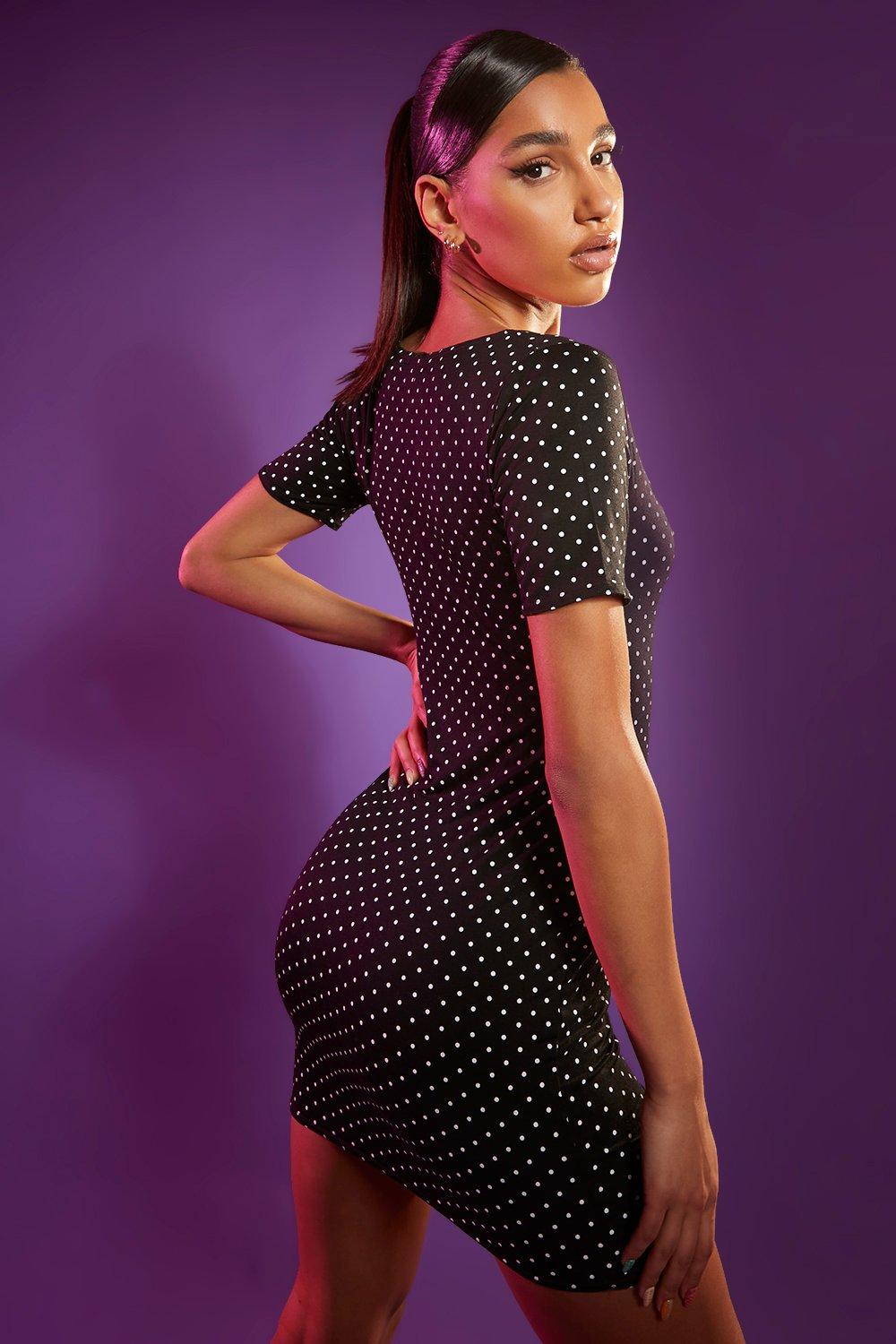 Square neck polka hot sale dot bodycon dress