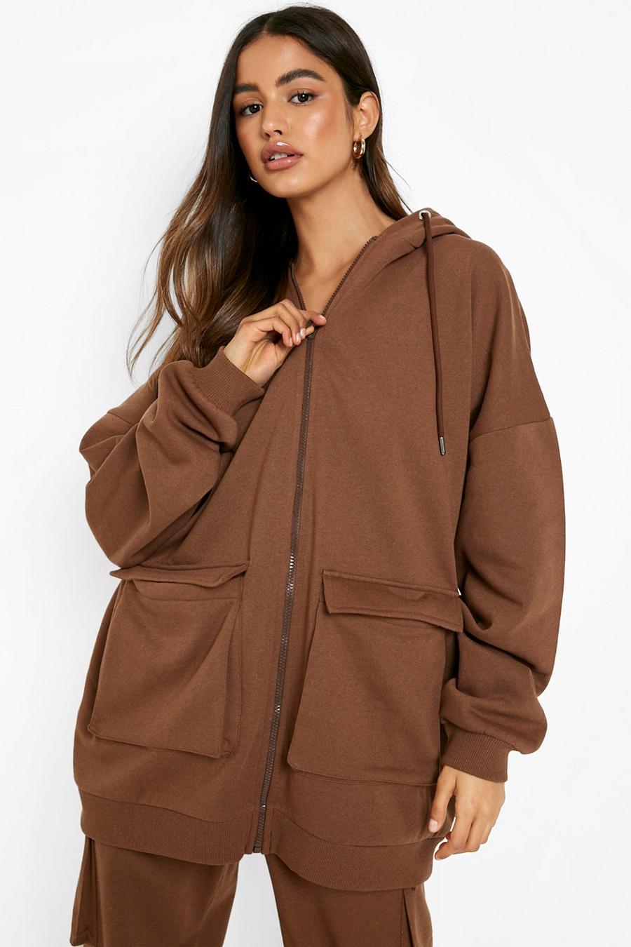 Chocolate Recycled Cargo Zip Through Oversized Hoodie image number 1