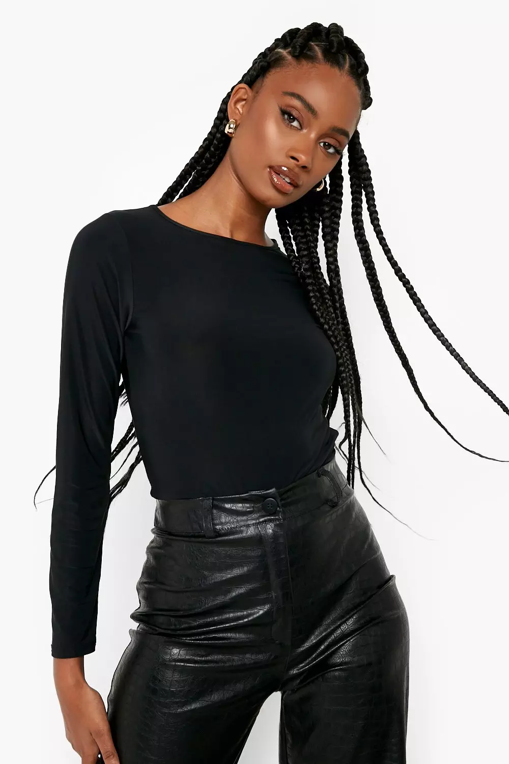 Black Slinky Cut Out Front Long Sleeve Bodysuit