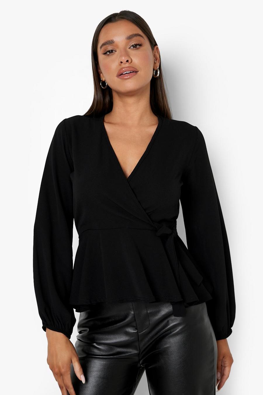 Black Woven Balloon Sleeve Blouse image number 1