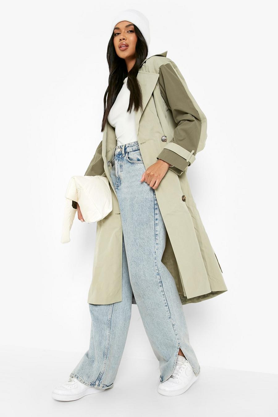 Sage green Contrast Panel Belted Trench Coat