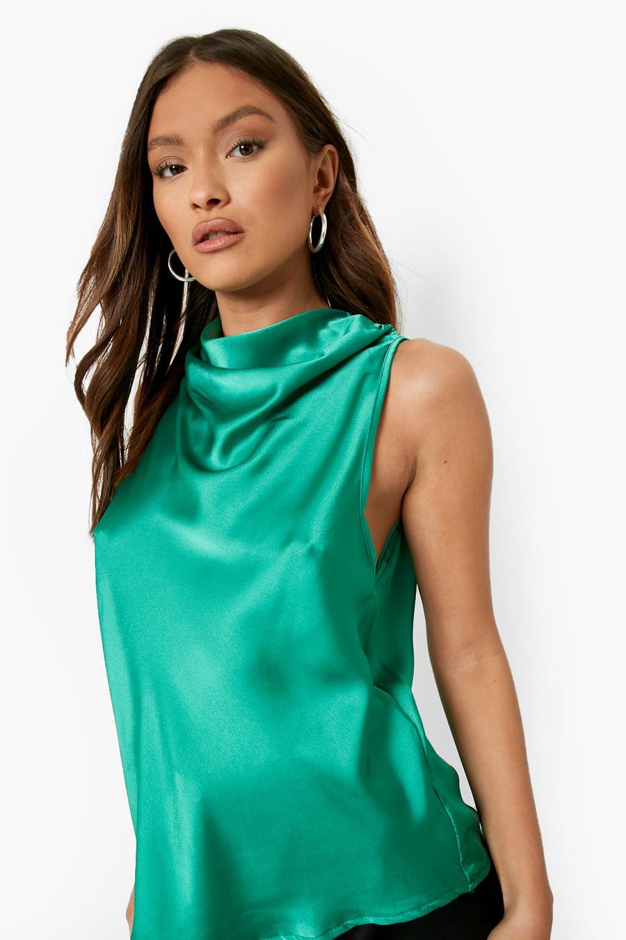 Bright green Satin Cowl Neck Sleeveless Top image number 1