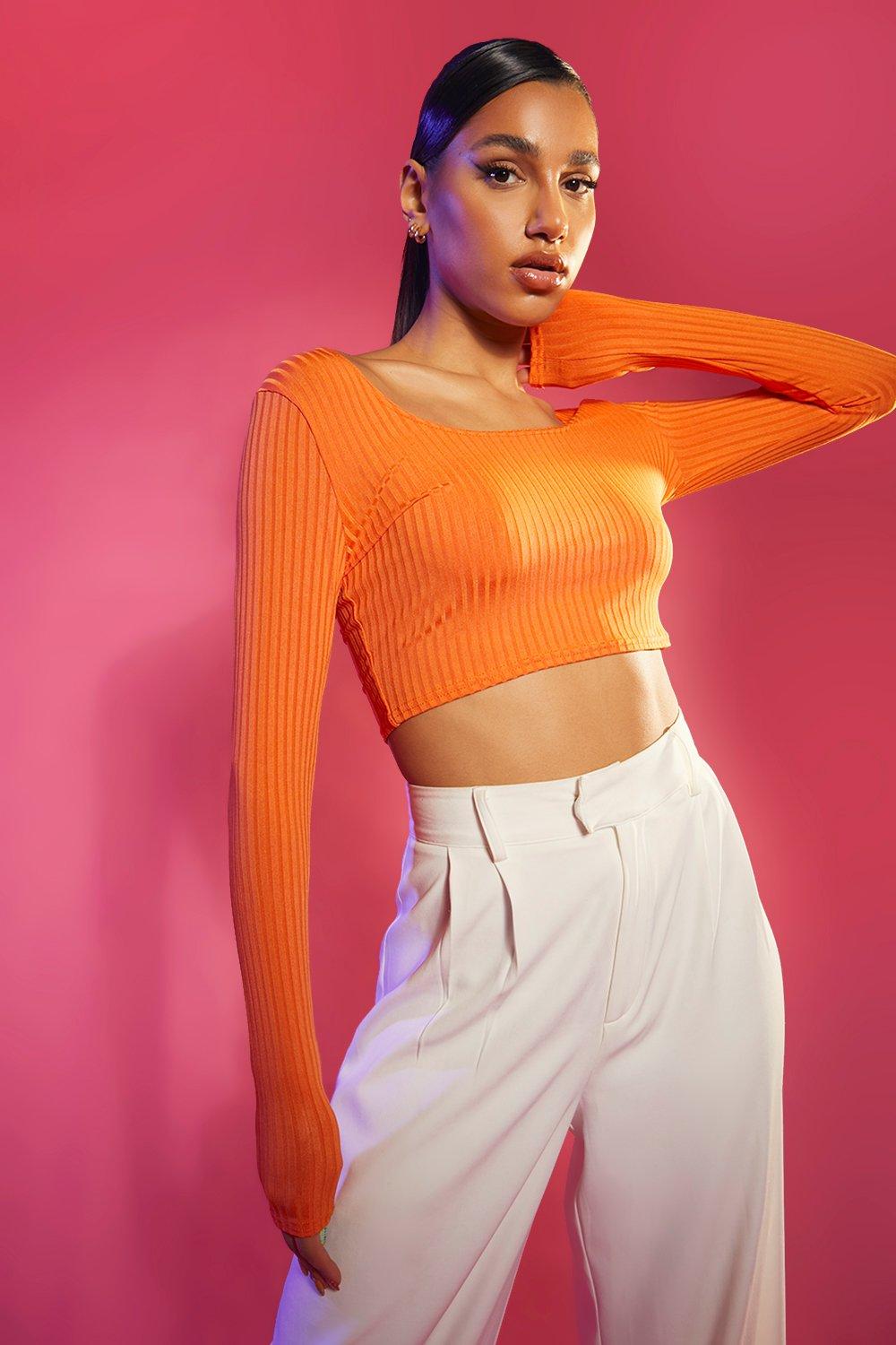 Long sleeve scoop neck top - bright orange