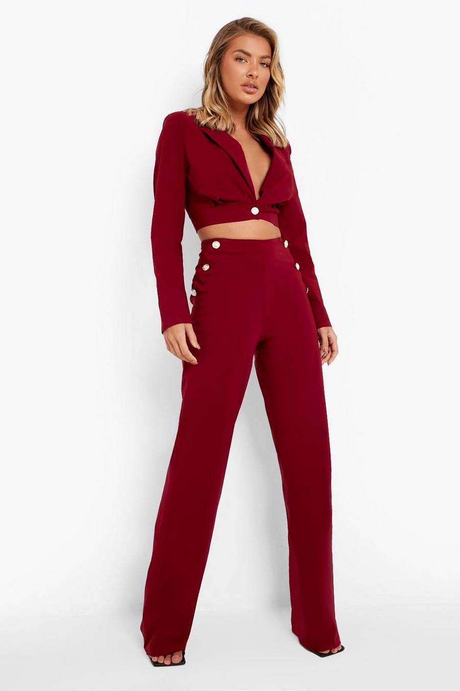 Berry Super Stretch Button Detail Wide Leg Trousers image number 1