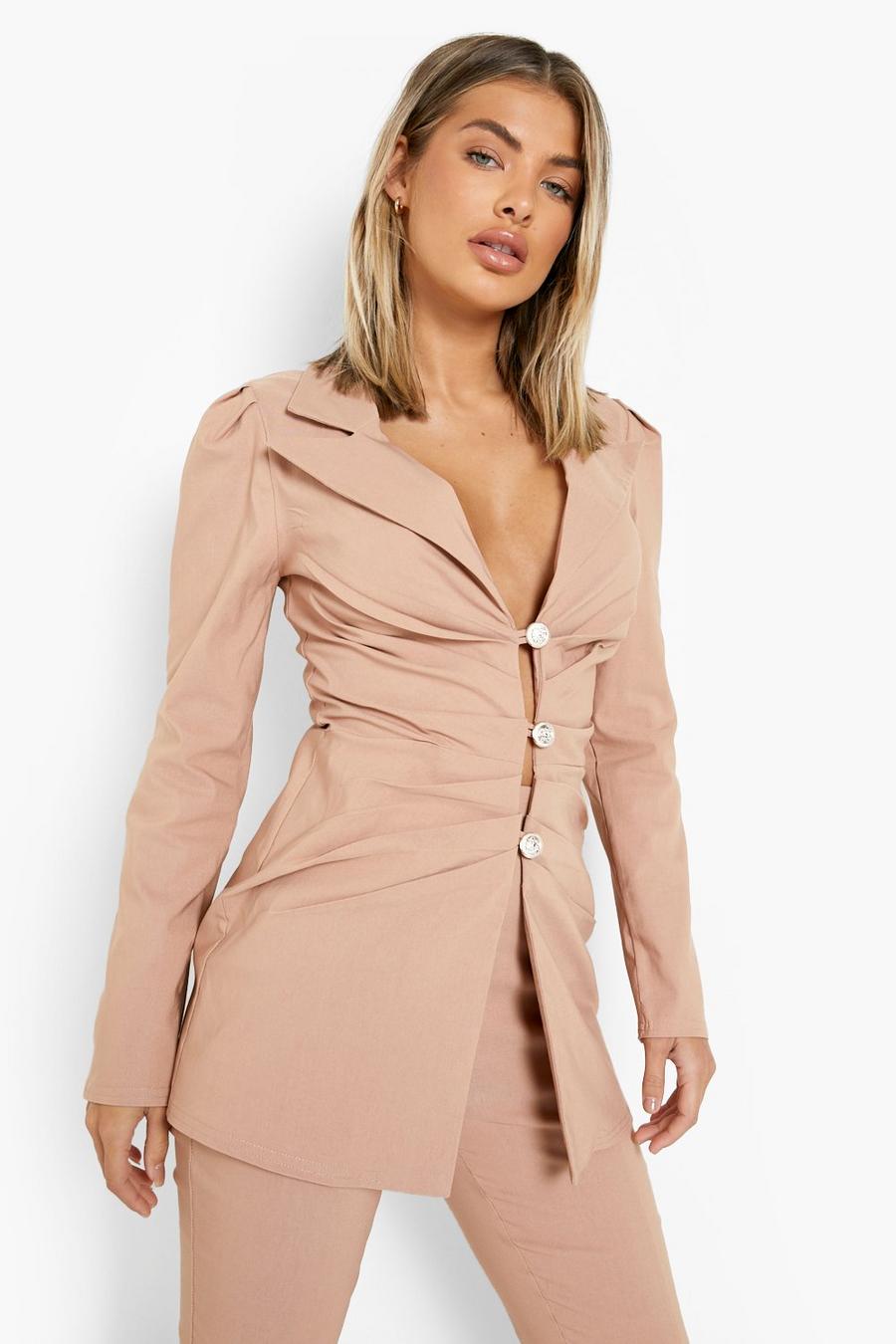 Camel Ruched Waist Fitted Tailored Blazer image number 1