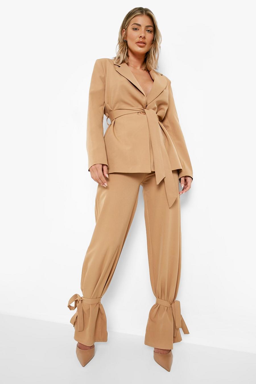 Caramel beige Tie Ankle Relaxed Fit Dress Pants