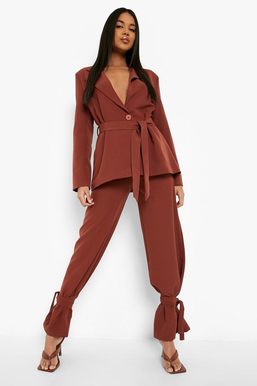 Chocolate brun Tie Ankle Relaxed Fit Tailored Trousers