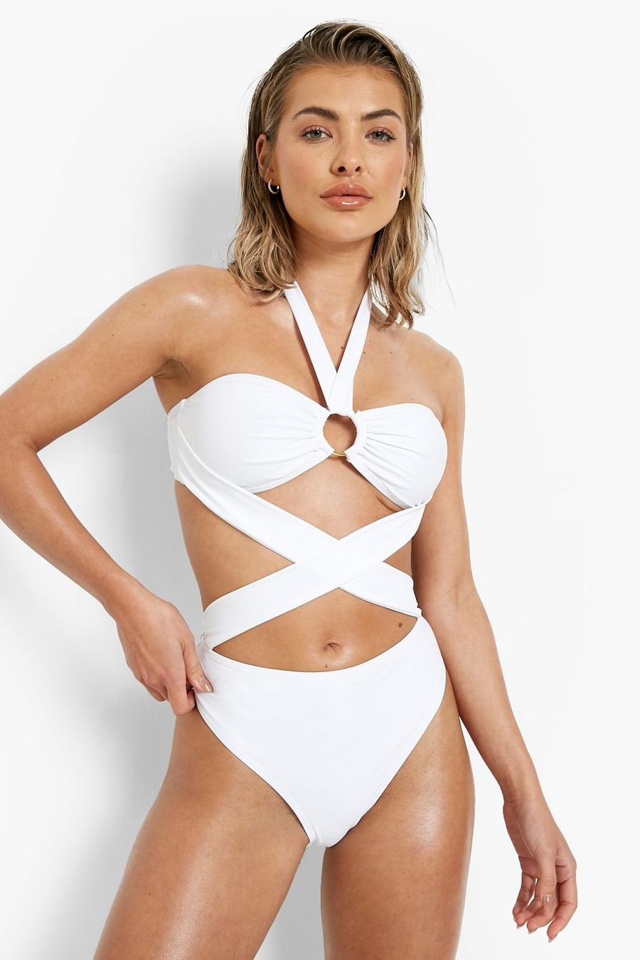 White blanc O Ring Wrap Detail Recycled Halter Swimsuit
