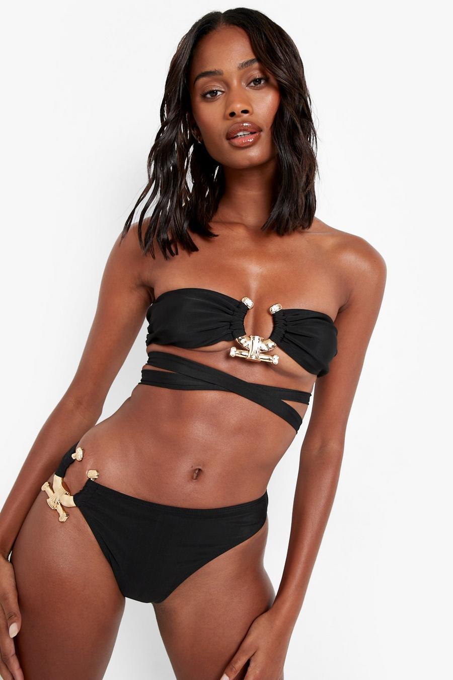 Top bikini a fascia con finiture color oro e laccetti in vita, Black negro image number 1