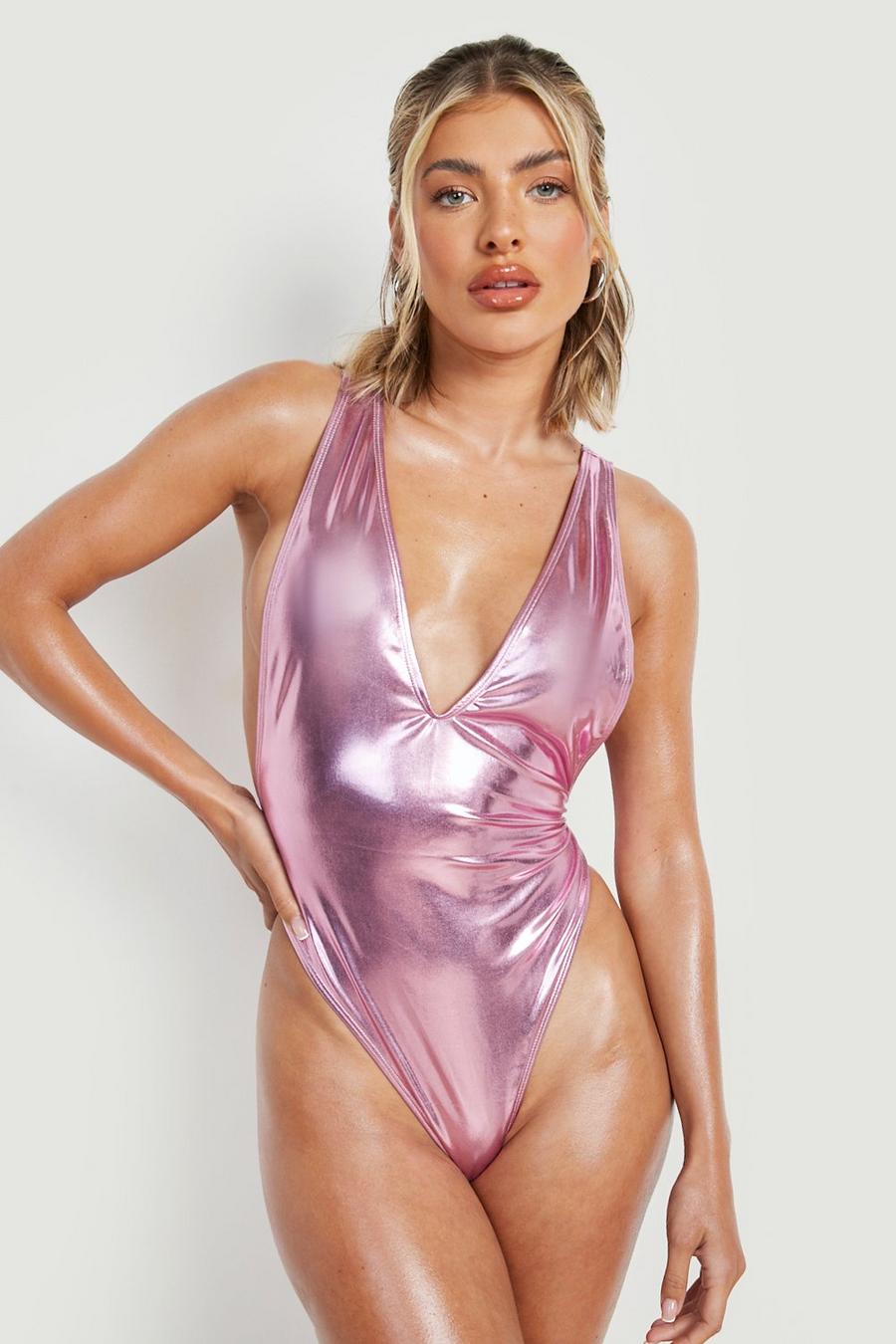 Metallic Badeanzug mit tiefem Ausschnitt, Pink image number 1