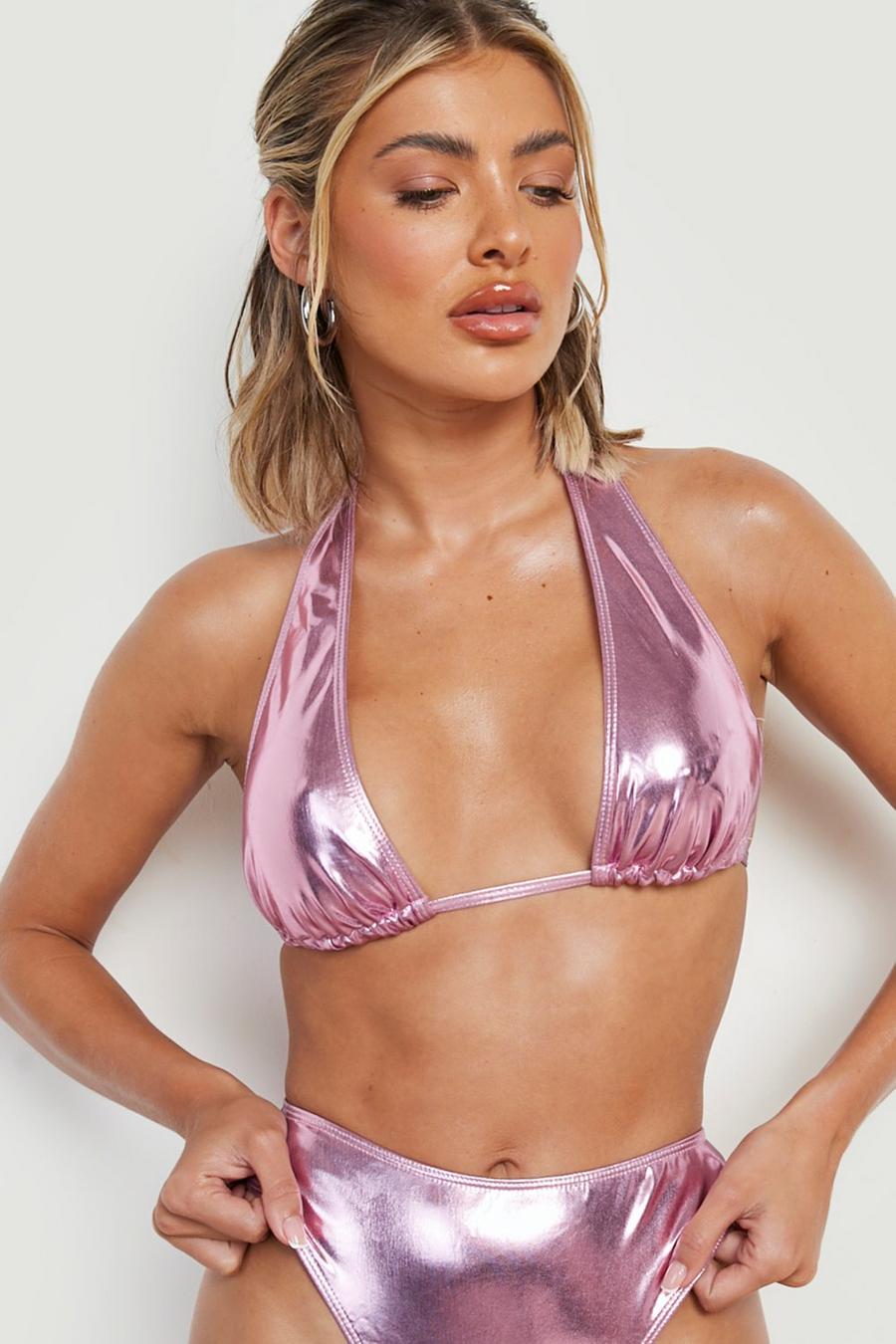 Haut de maillot de bain métallisé à décolleté plongeant, Pink image number 1