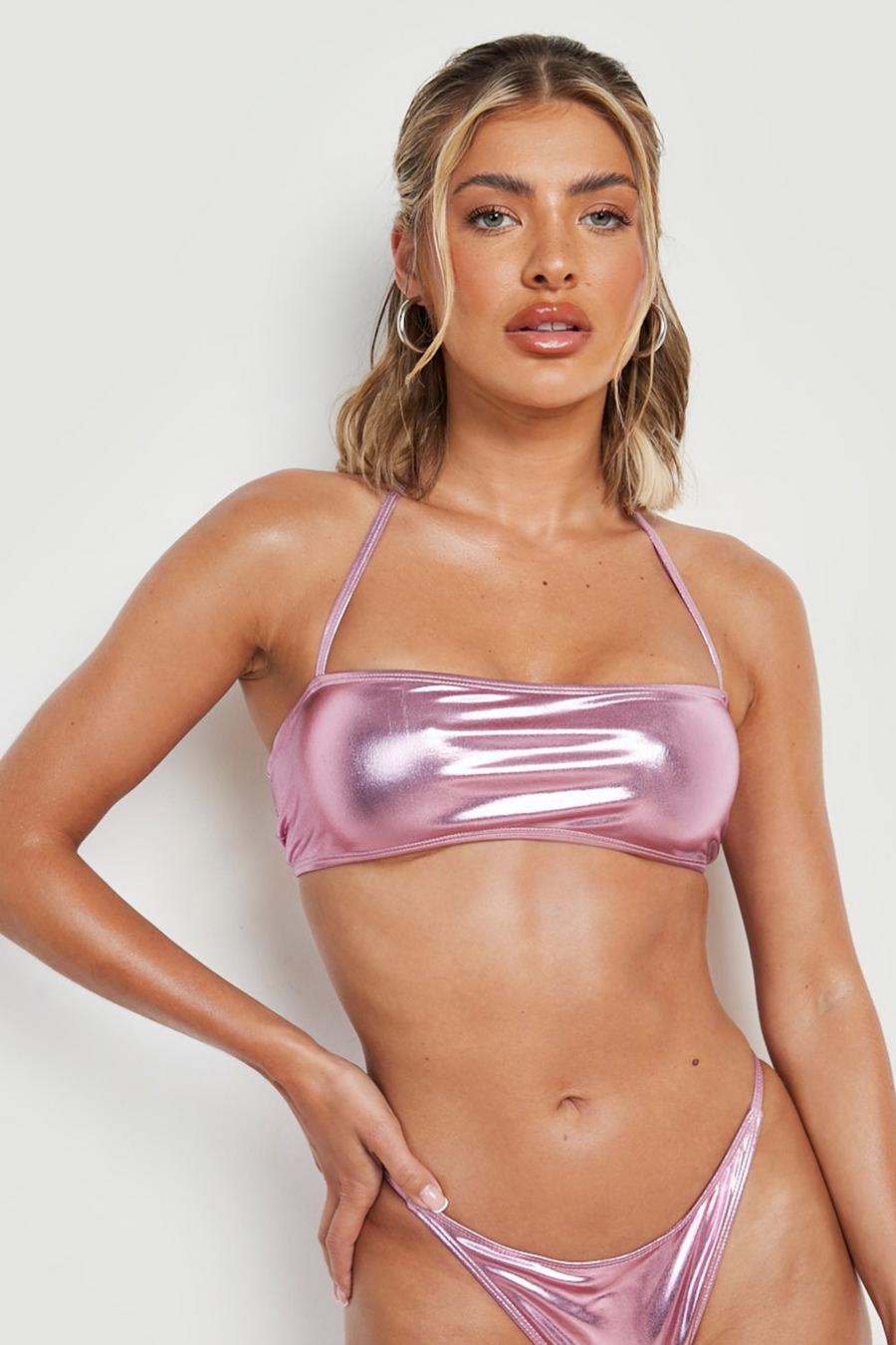Top bikini a fascia metallizzato con spalline, Pink image number 1
