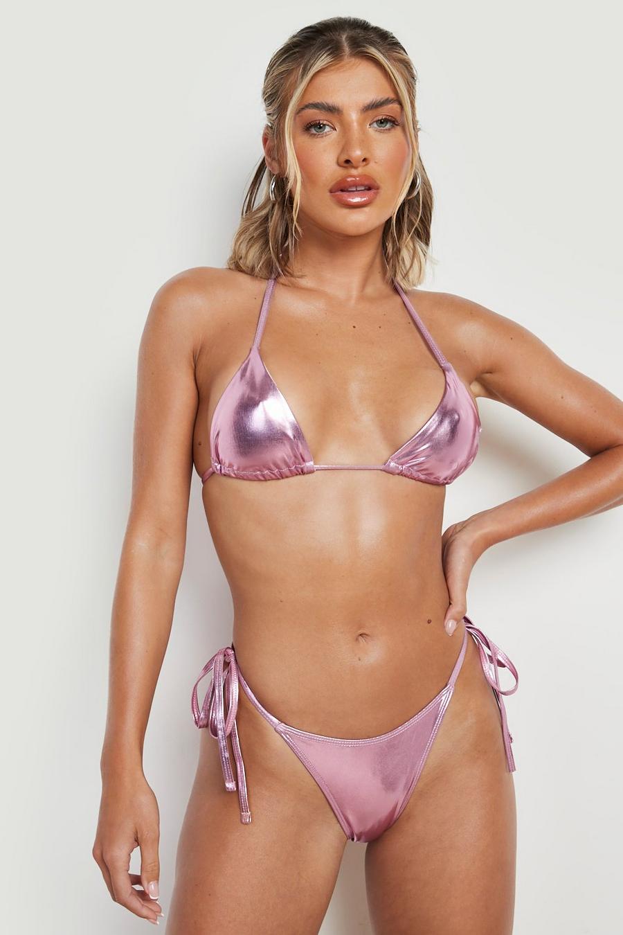 Pink Metallic Triangle Bikini Top