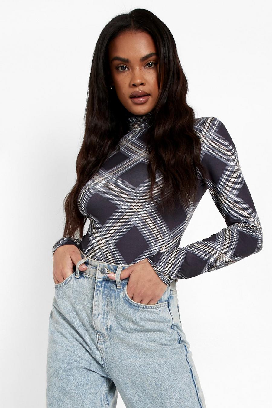 Brown Check High Neck Long Sleeve Bodysuit image number 1