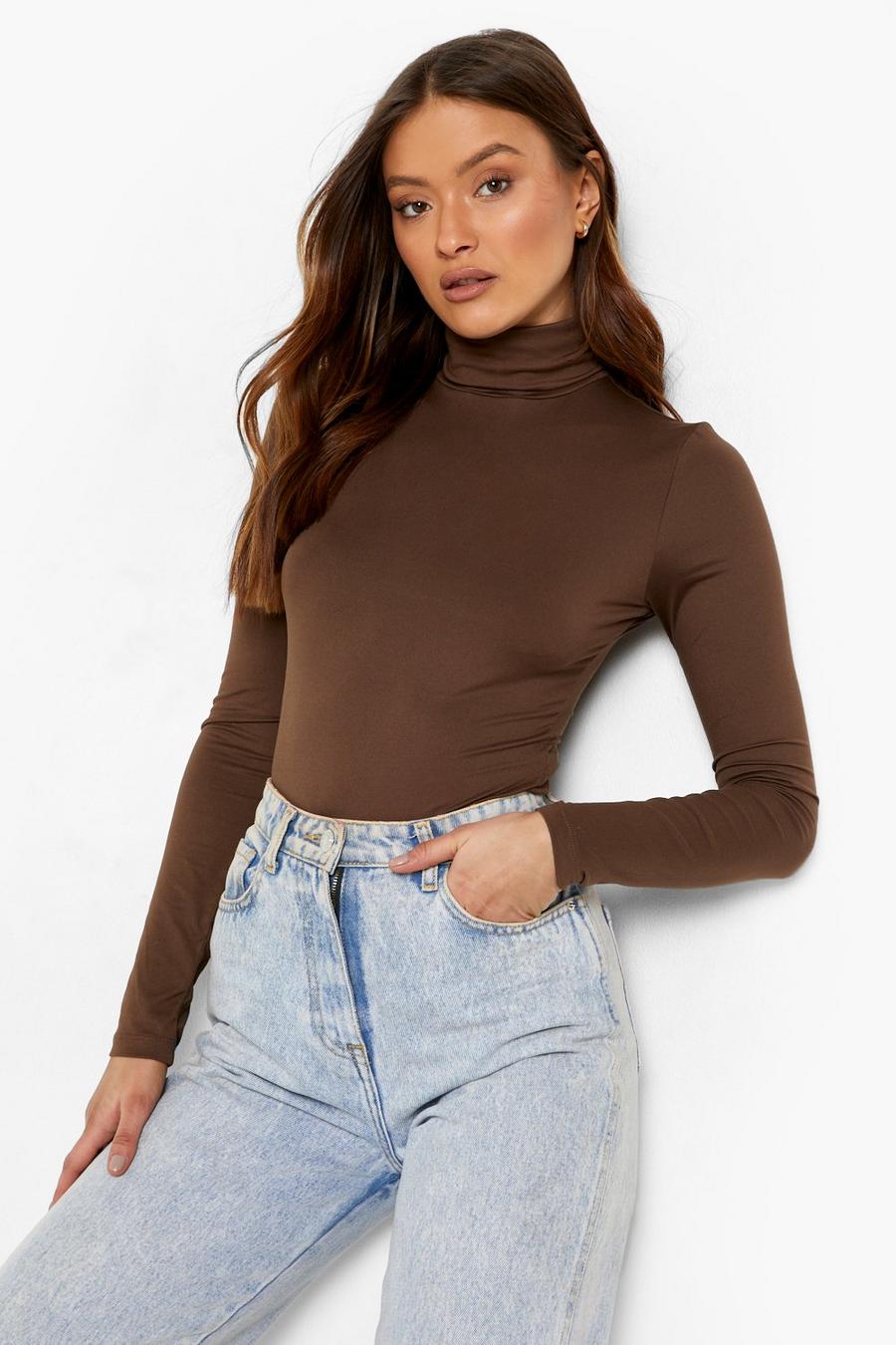 Chocolate Jersey Roll Neck Long Sleeve Bodysuit image number 1