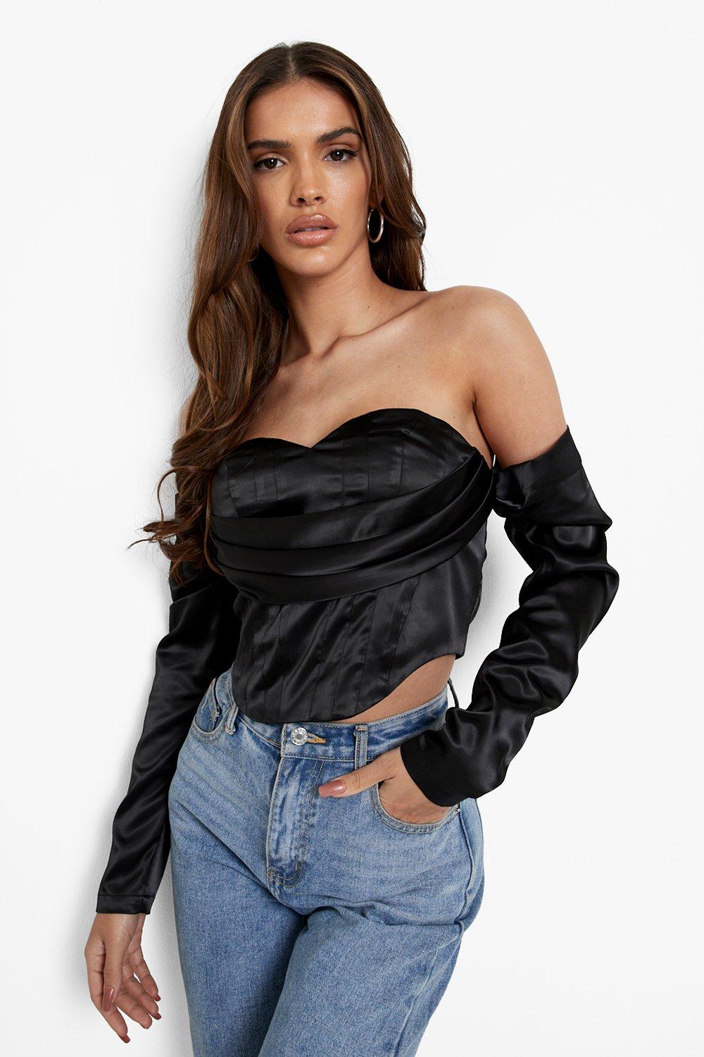 Black satin long sleeve bardot corset top sale