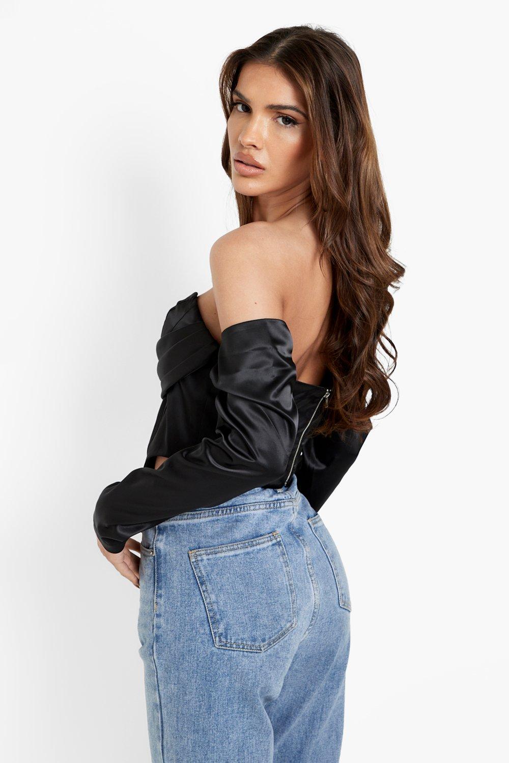 Black Satin Long Sleeve Bardot Corset Top