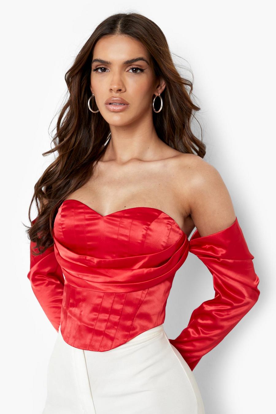 Top effet drapé style corset à épaules dénudées, Red image number 1